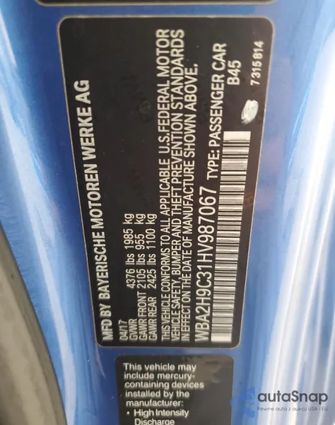 2017 BMW 230Xi z USA, uszkodzony, nr VIN WBA2H9C31HV987067